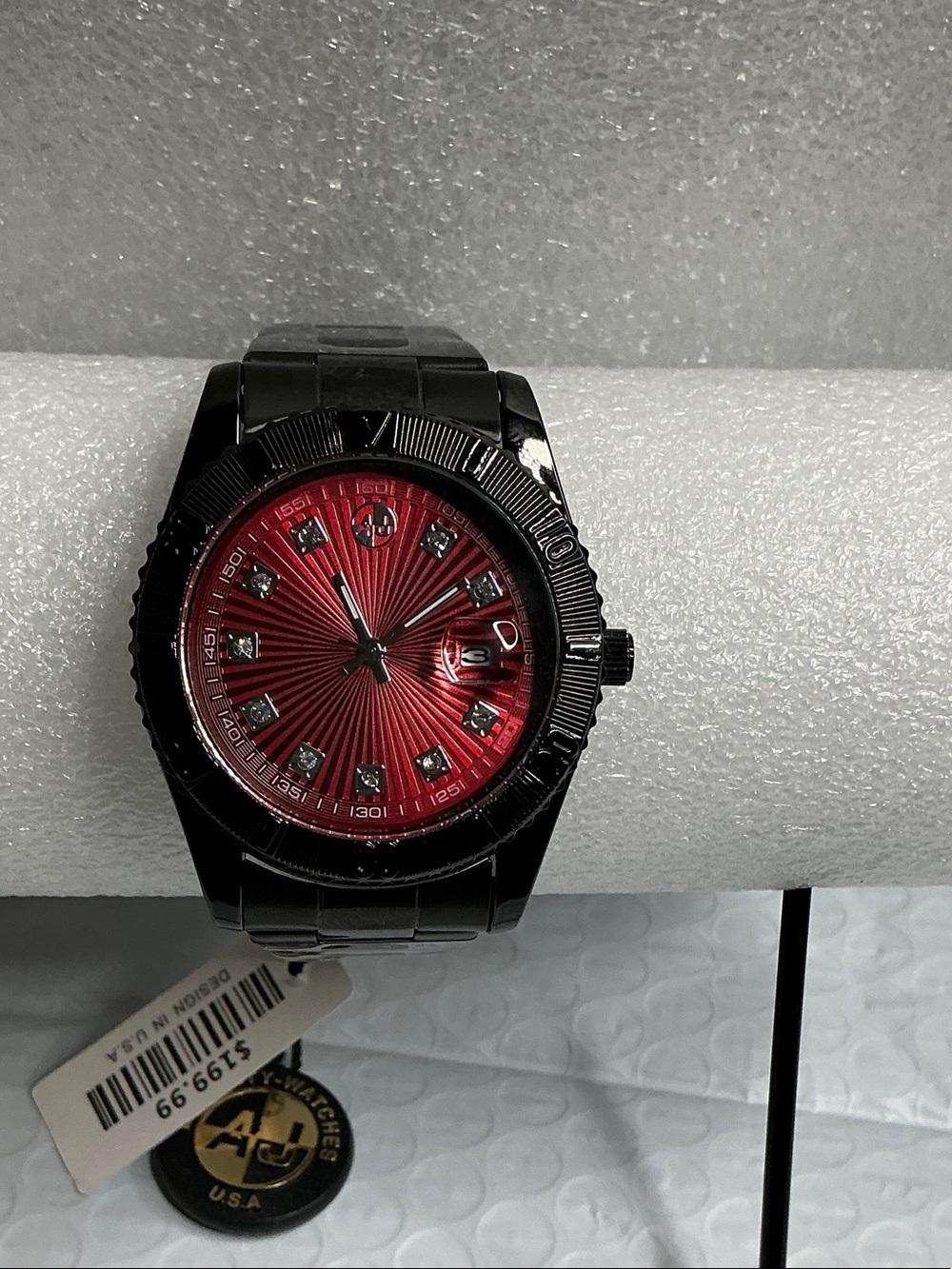 Men's Black Metal Bracelet Watch with Red Radiant Dial